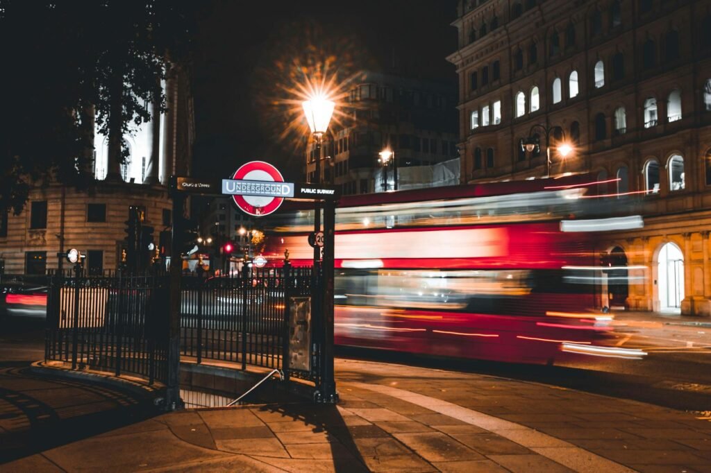 long exposure of a double decker bus at night