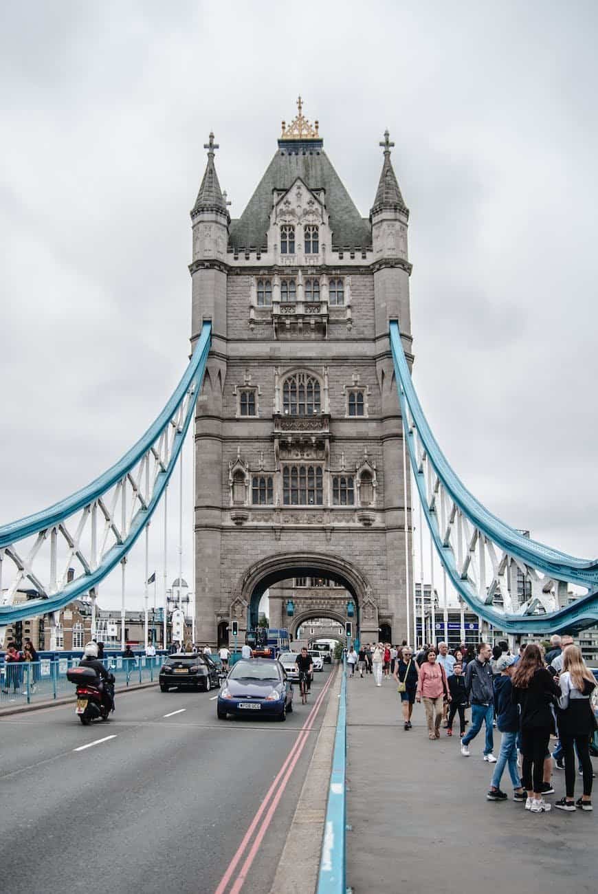 group of people walking on bridge